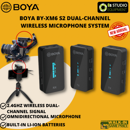 BOYA BY-XM6 S2 Dual-Channel Wireless Microphone System (100M) with Lavalier Mini Mic 2.4GHz Ultra-Compact with OLED Display Real-time